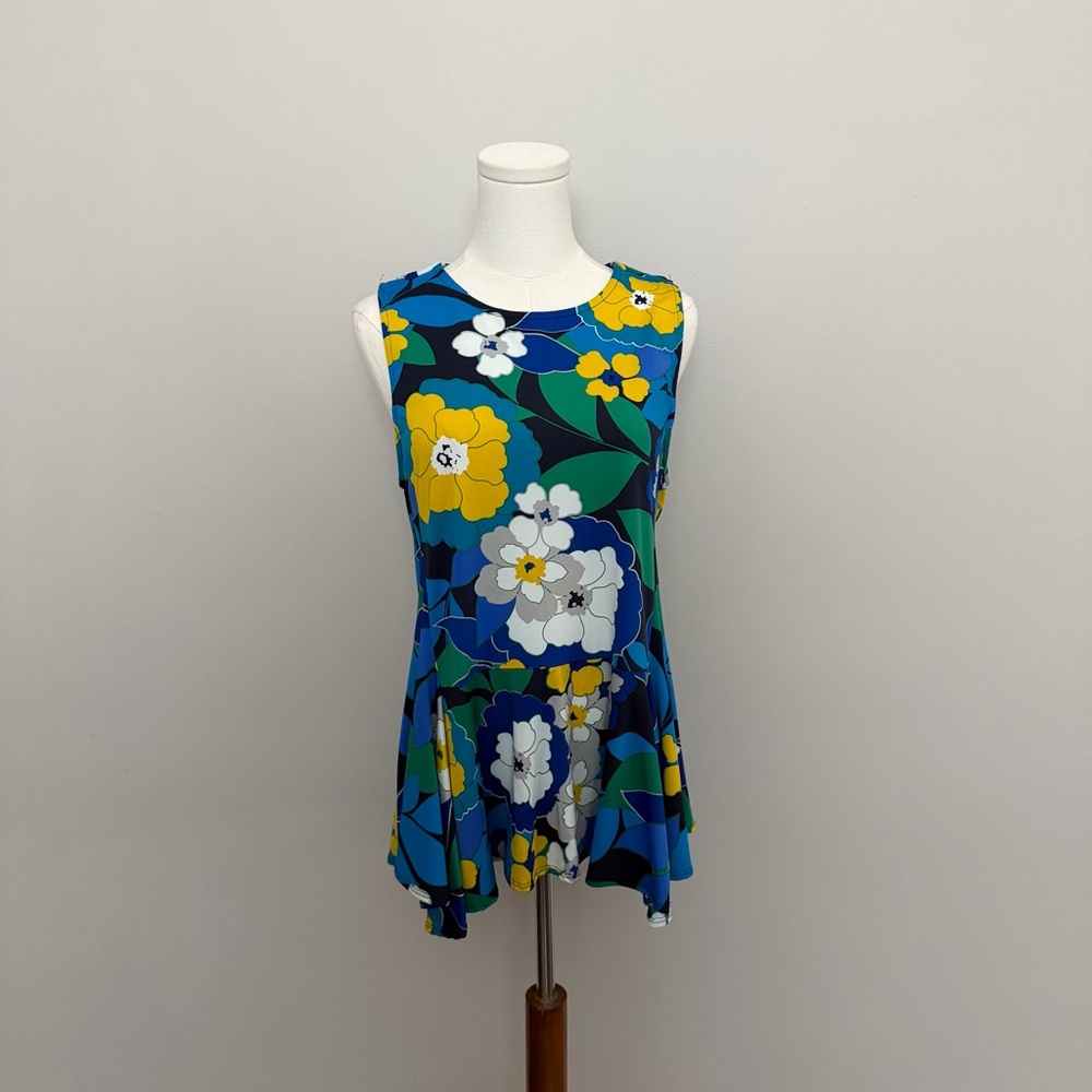 Jules & Leopold Top Peplum Sleeveless Floral Slinky Stretchy Travel Blue Yellow
